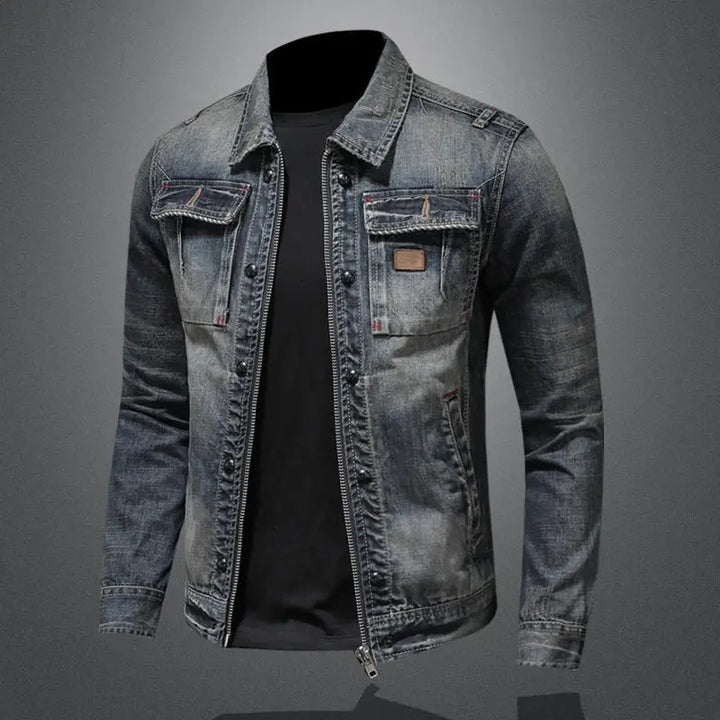 Classic men's retro gray denim jacket. Casual & versatile fall/spring outerwear with a stylish vintage look.