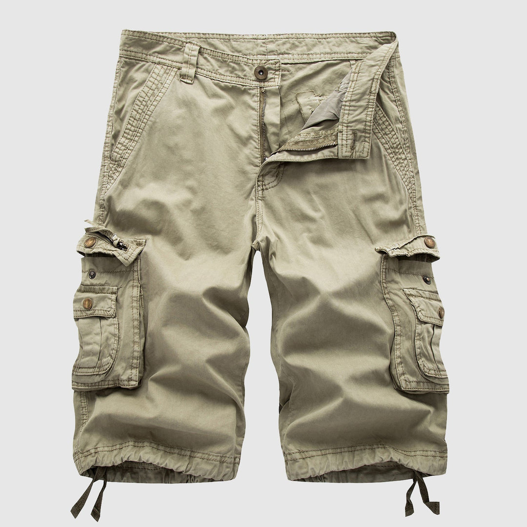 Men's grey multi-pocket cargo shorts, relaxed fit for casual everyday wear. Ideal for summer & outdoor activities.