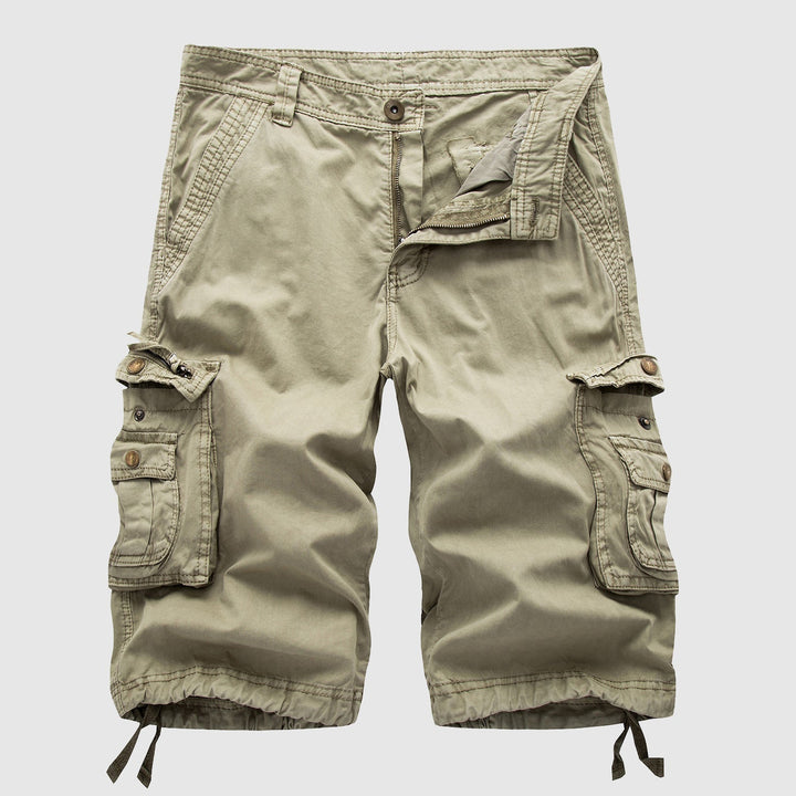 Men's grey multi-pocket cargo shorts, relaxed fit for casual everyday wear. Ideal for summer & outdoor activities.