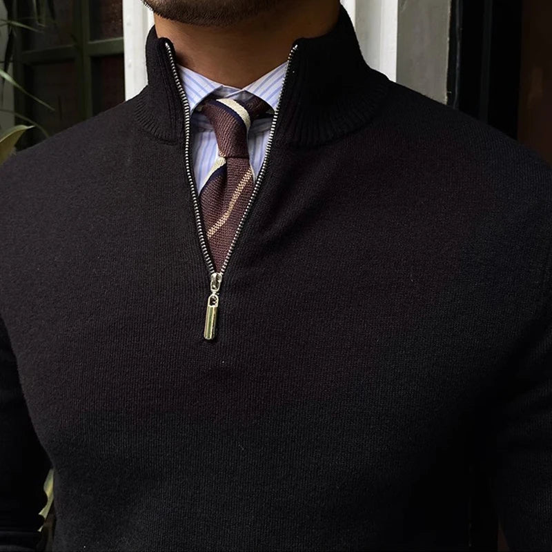 Stylish men's half-zip knit pullover for smart casual layering in autumn & winter fashion.