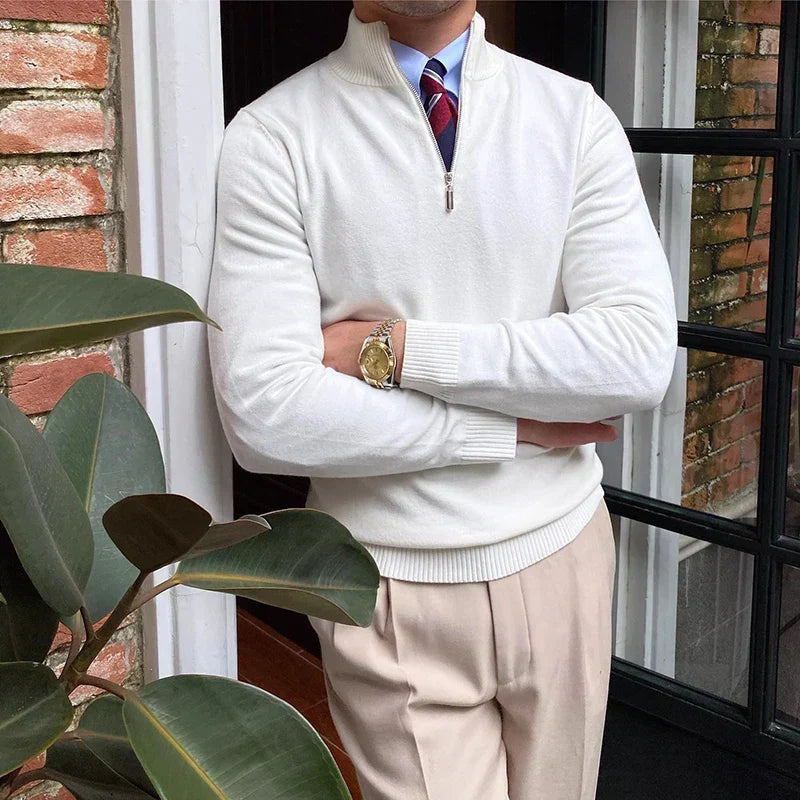 Comfortable men's long sleeve half zip knit sweater, versatile for autumn & winter wear.