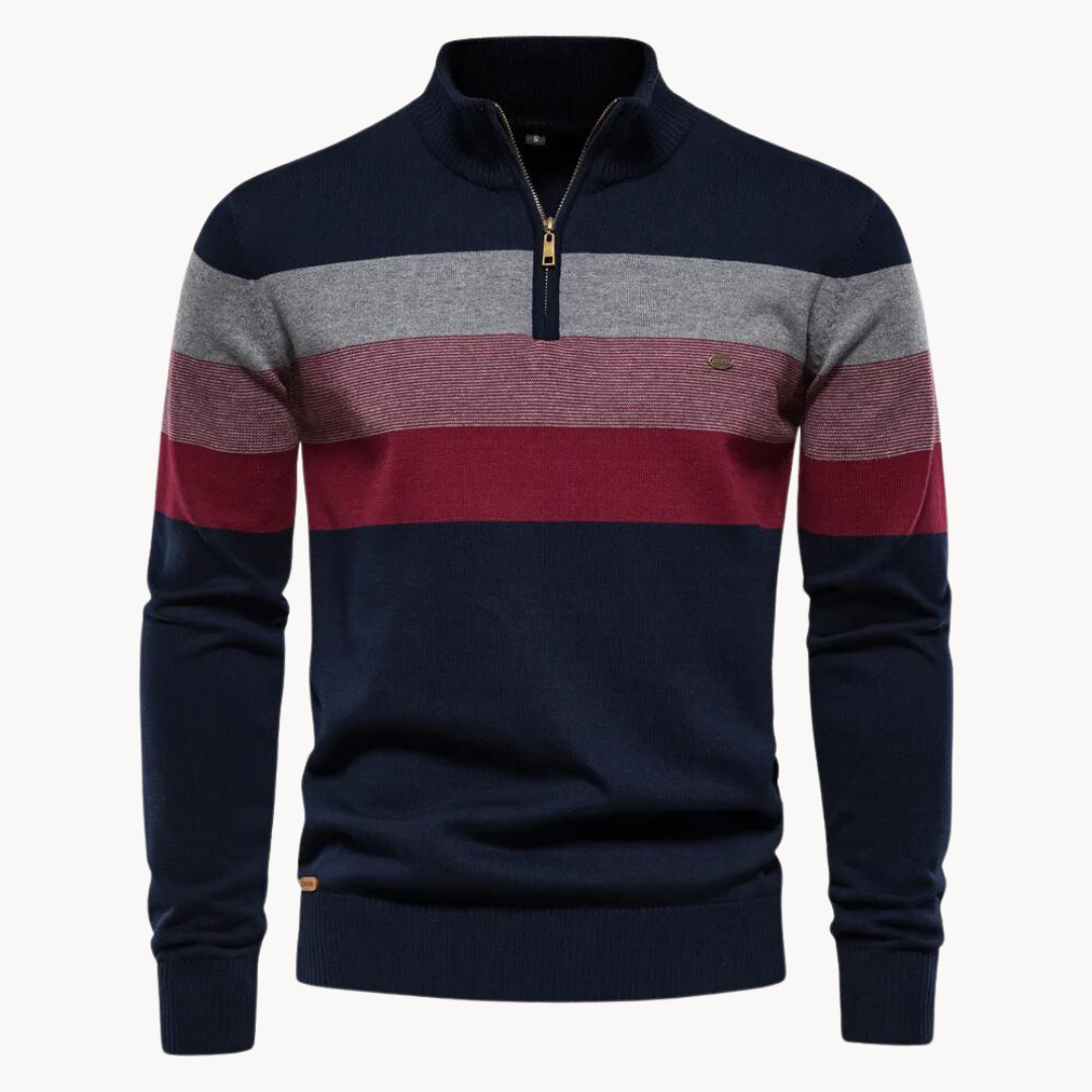 Men's half zip knitted sweater with bold stripes. Ideal pullover for casual fall & winter layering.