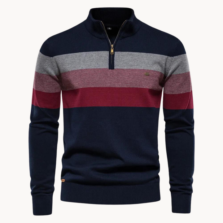 Men's half zip knitted sweater with bold stripes. Ideal pullover for casual fall & winter layering.