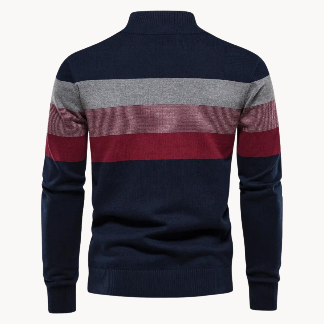 Stylish men's knitted half zip sweater with bold stripes. Perfect smart casual long sleeve for winter fashion.