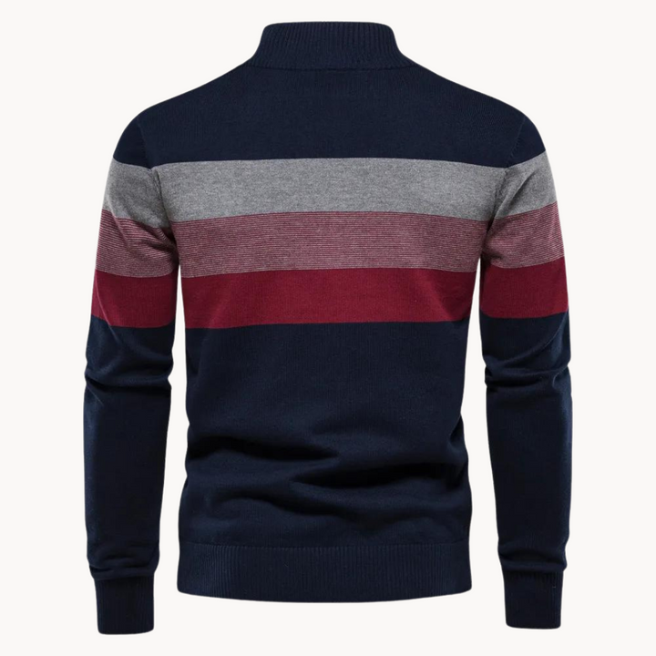 Stylish men's knitted half zip sweater with bold stripes. Perfect smart casual long sleeve for winter fashion.