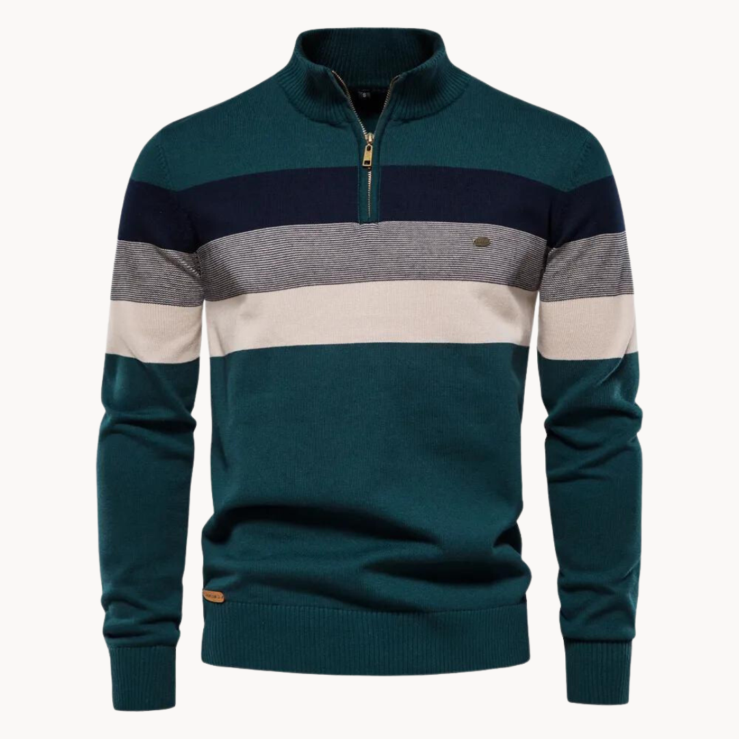 Men's long sleeve half zip knitted sweater featuring bold stripes. Great for fall fashion & winter warmth.