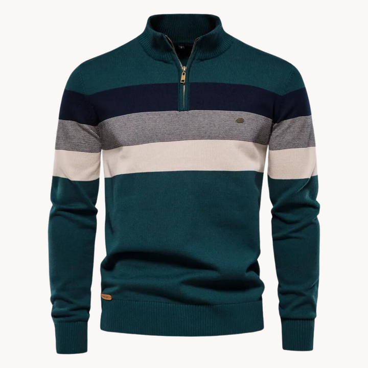 Men's long sleeve half zip knitted sweater featuring bold stripes. Great for fall fashion & winter warmth.