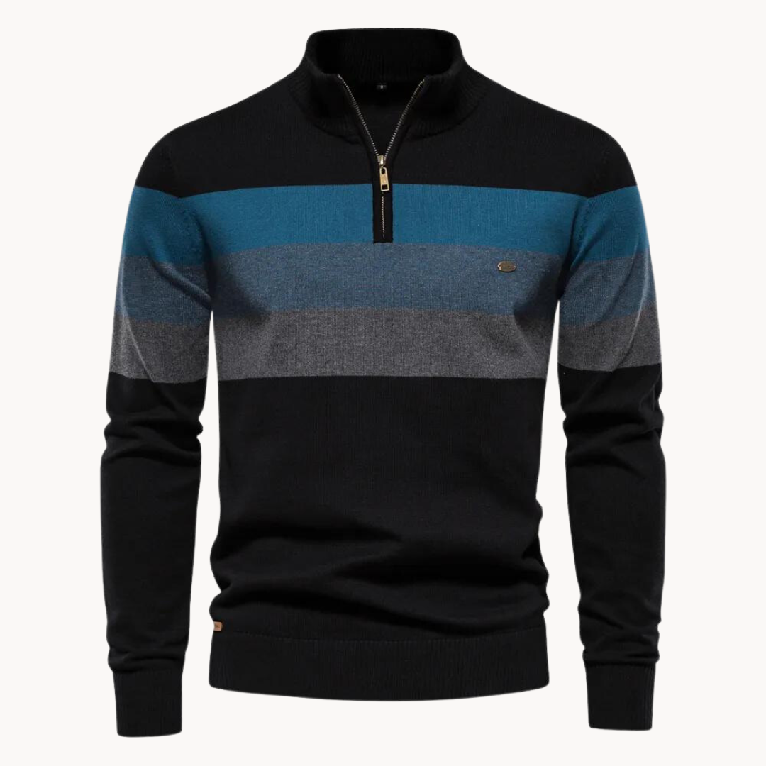 Versatile men's striped knitted half zip pullover. A smart casual top for layering in cooler fall/winter weather.