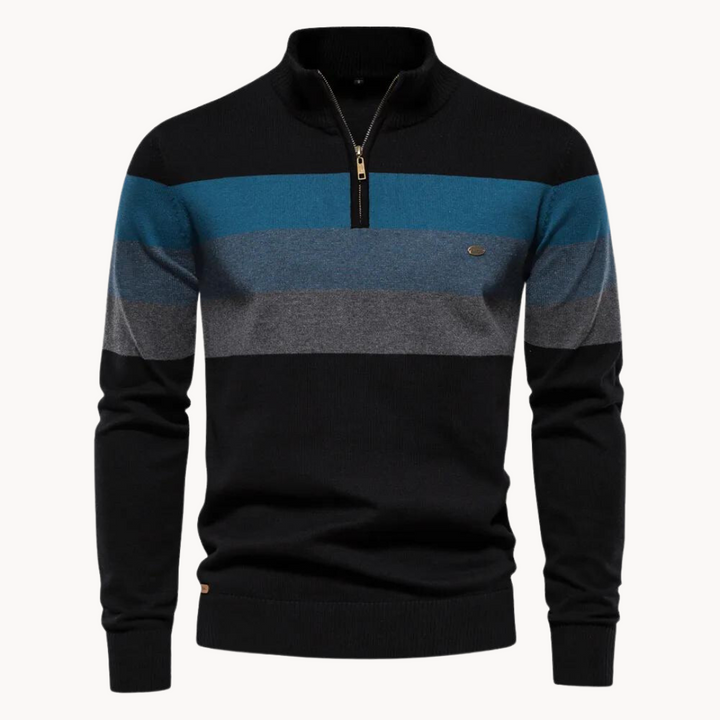 Versatile men's striped knitted half zip pullover. A smart casual top for layering in cooler fall/winter weather.