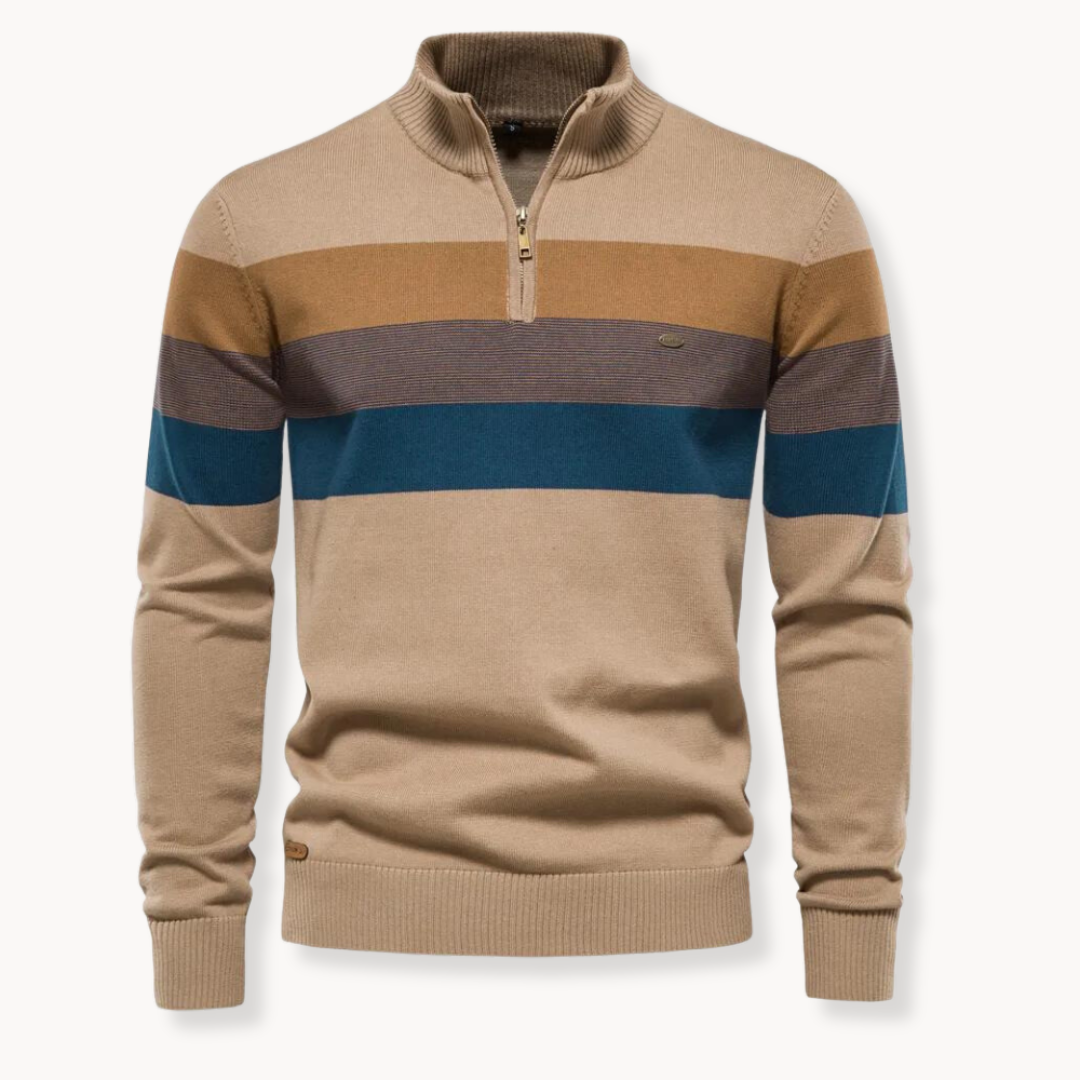 Comfortable men's knitted half zip sweater with bold stripes. Essential pullover for fall & winter men's apparel.