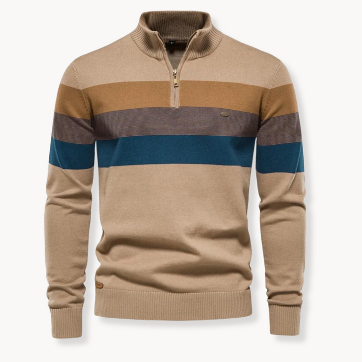 Comfortable men's knitted half zip sweater with bold stripes. Essential pullover for fall & winter men's apparel.