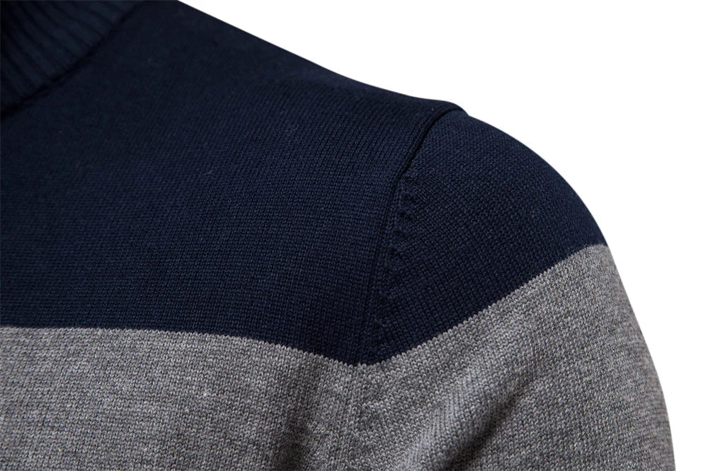 Men's half zip knitted sweater with bold stripes, excellent for fall & winter layering. A comfortable pullover.