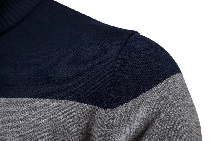 Men's half zip knitted sweater with bold stripes, excellent for fall & winter layering. A comfortable pullover.