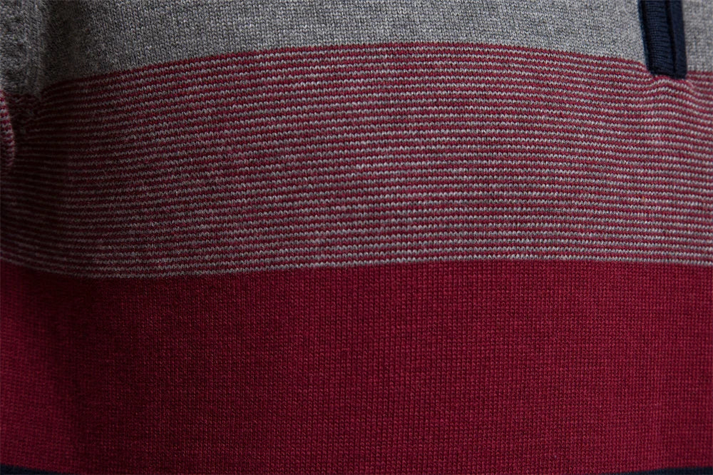 Warm men's knitted half zip sweater with bold stripes. Perfect casual long sleeve pullover for winter fashion.