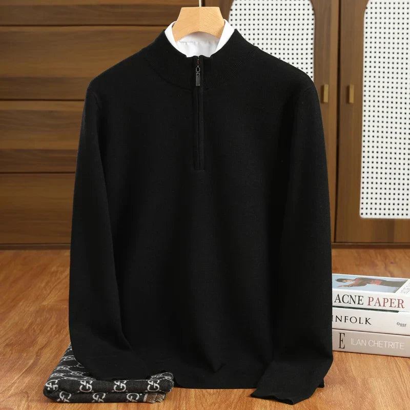 Stylish men's half-zip mock neck pullover sweater for versatile layering. Comfortable & tailored fit.