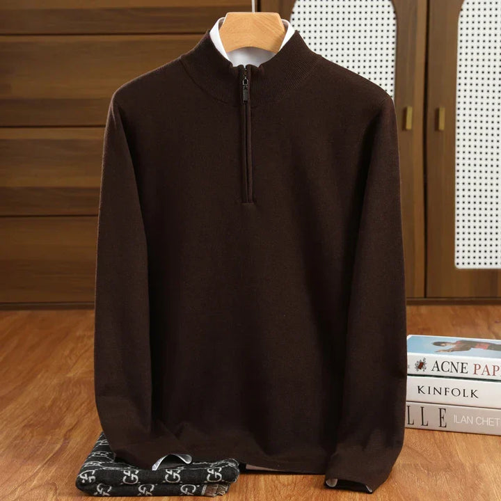 Premium men's mock neck half-zip sweater, tailored fit pullover ideal for smart casual layering.
