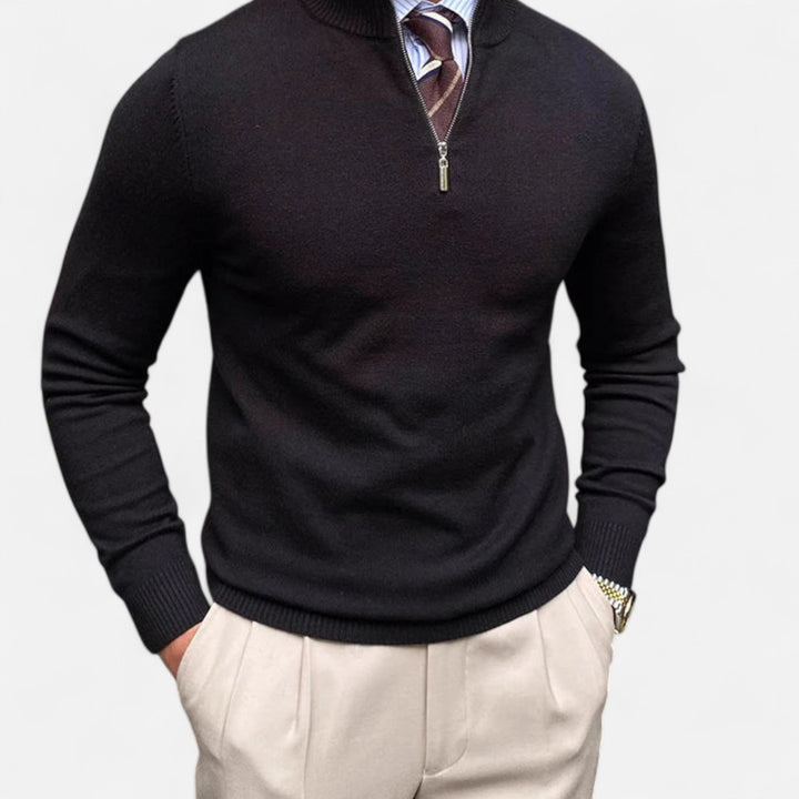 Versatile men's knit half-zip sweater for tailored smart casual layering & everyday wear.