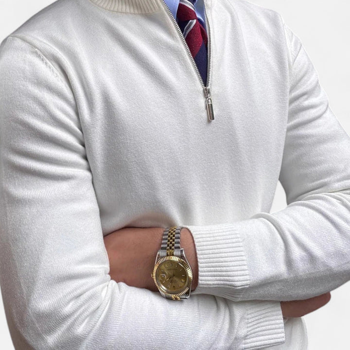 Tailored men's knit half zip sweater for a smart casual layered look, ideal for modern wear.