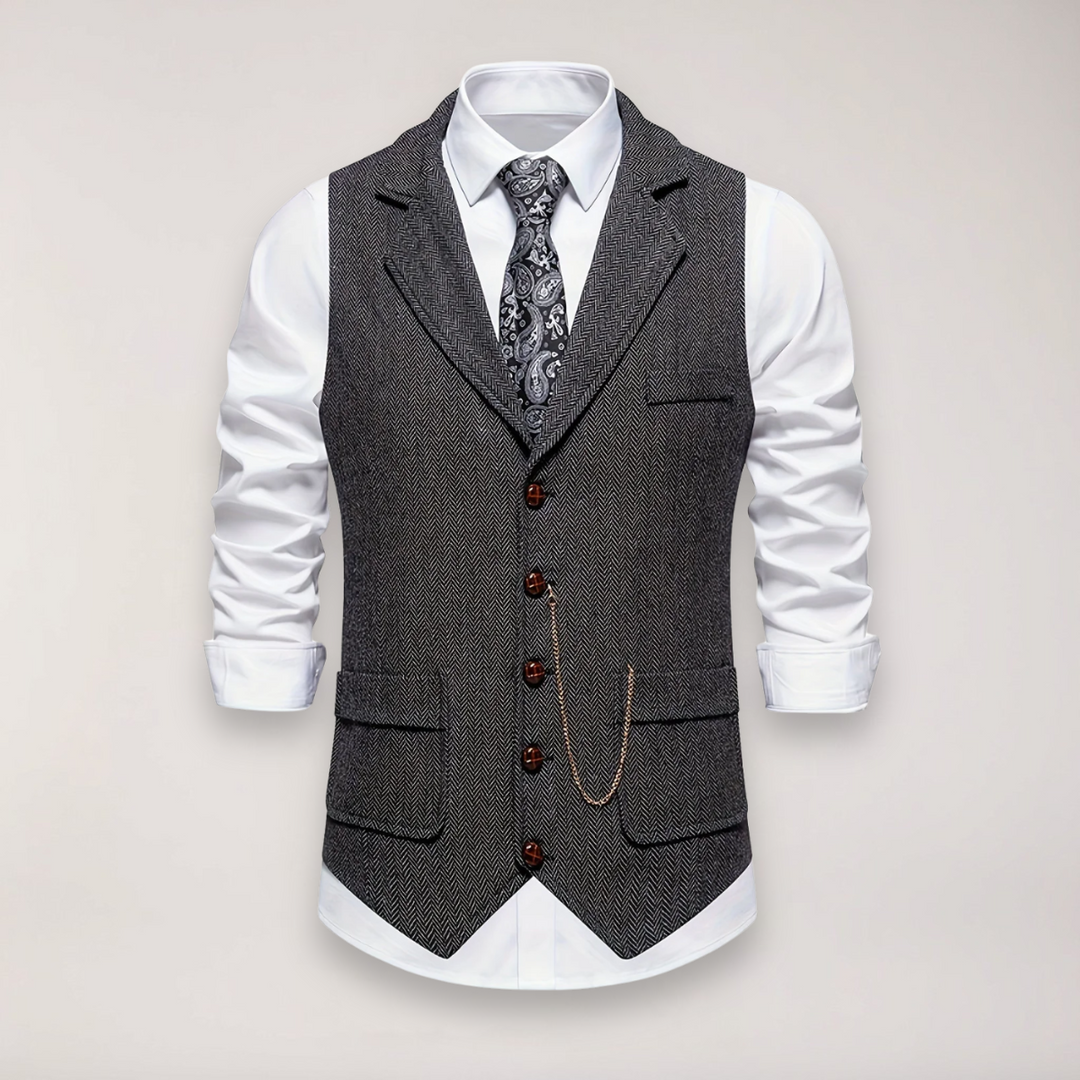 Men's herringbone waistcoat with a sophisticated reversed collar for formal or smart casual wear.