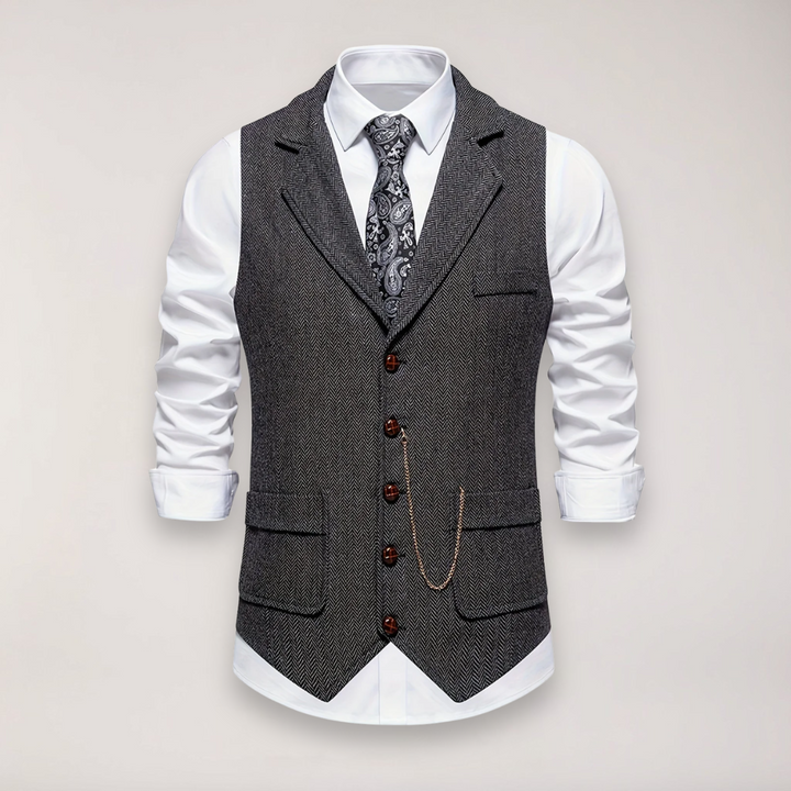 Men's herringbone waistcoat with a sophisticated reversed collar for formal or smart casual wear.