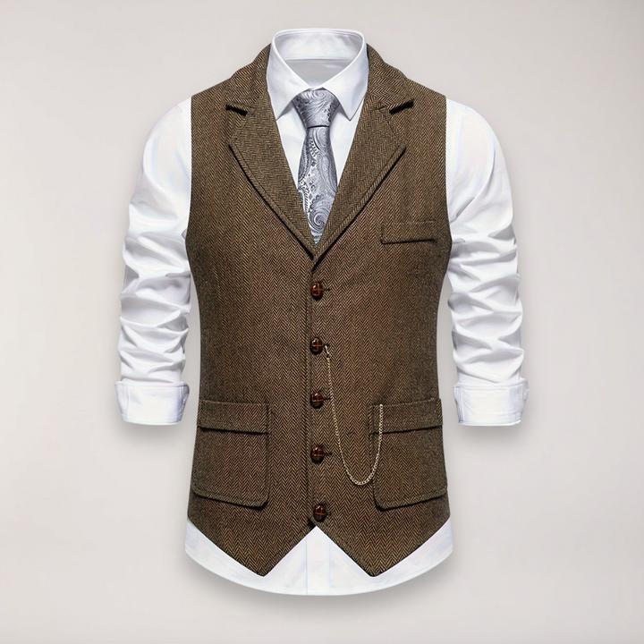 Classic fit men's herringbone vest, perfect for a layered look or distinguished special occasion.