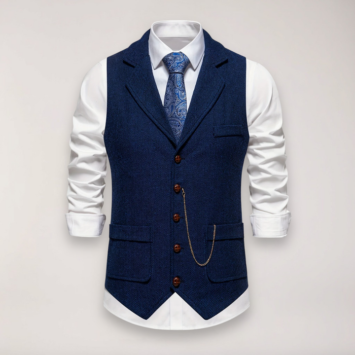 Stylish men's fashion: Herringbone waistcoat featuring a unique reversed collar, ideal for formal wear.