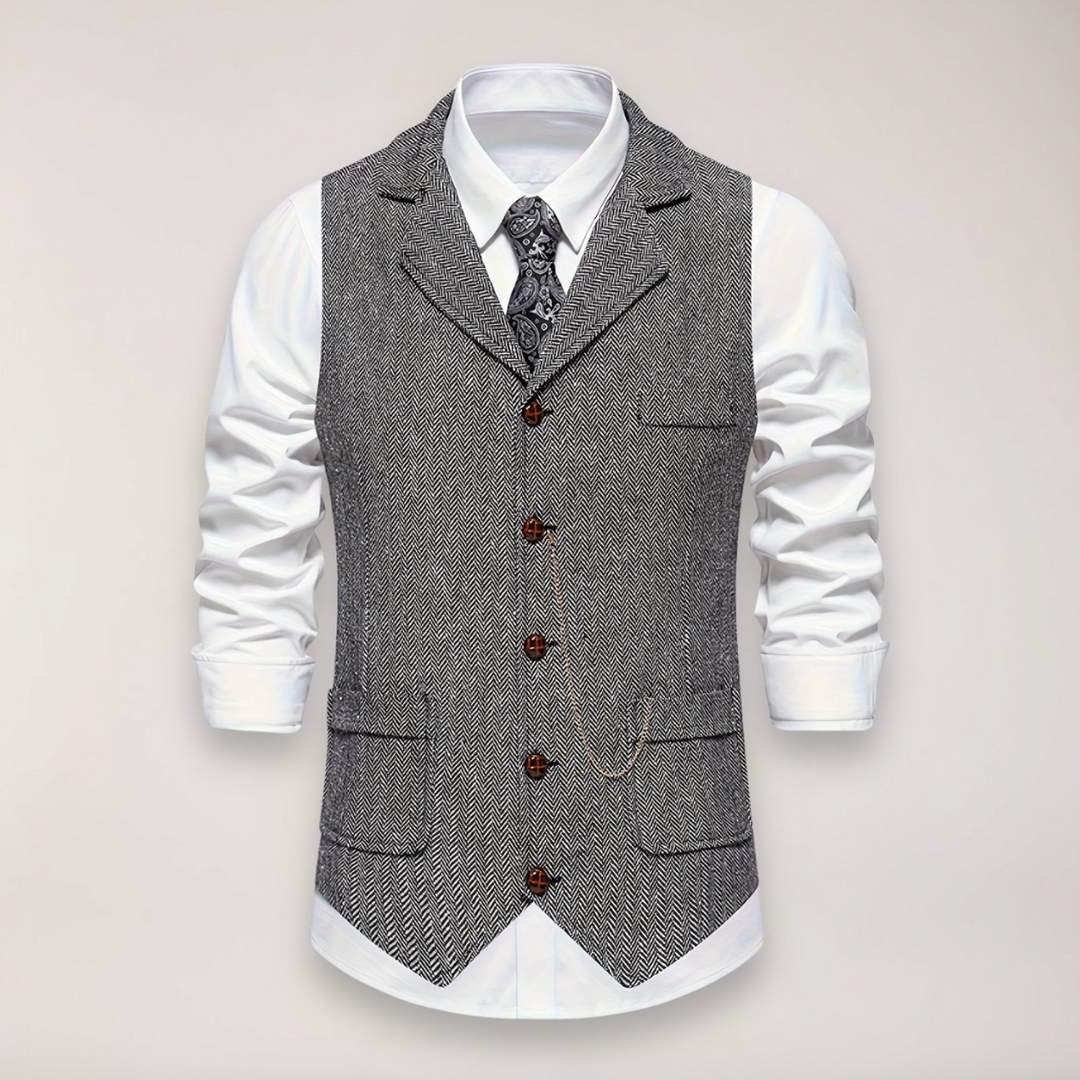 Versatile men's herringbone waistcoat, classic fit for smart casual or formal events. Distinguished style.