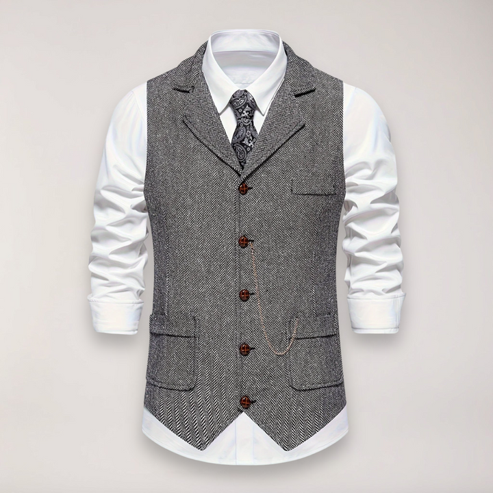 Versatile men's herringbone waistcoat, classic fit for smart casual or formal events. Distinguished style.