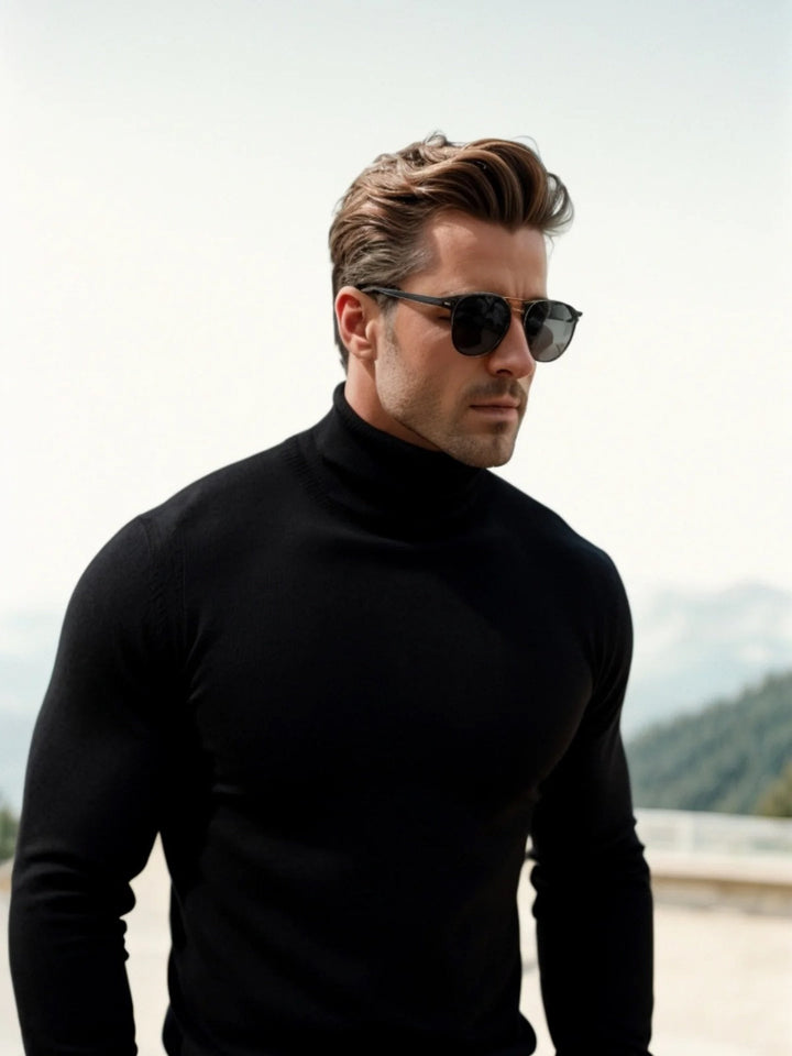 Stylish men's knitwear, a versatile high-neck sweater for elegant or casual fall outfits.