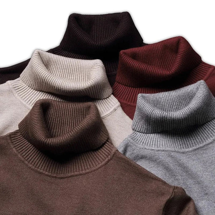 Elegant men's high-neck knit sweater in a rich texture, suitable for smart casual looks.