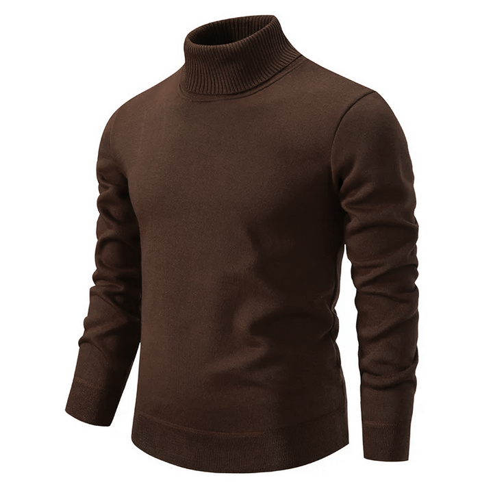 Men's classic high-neck knit sweater, essential for effortless layering and comfort in fall.