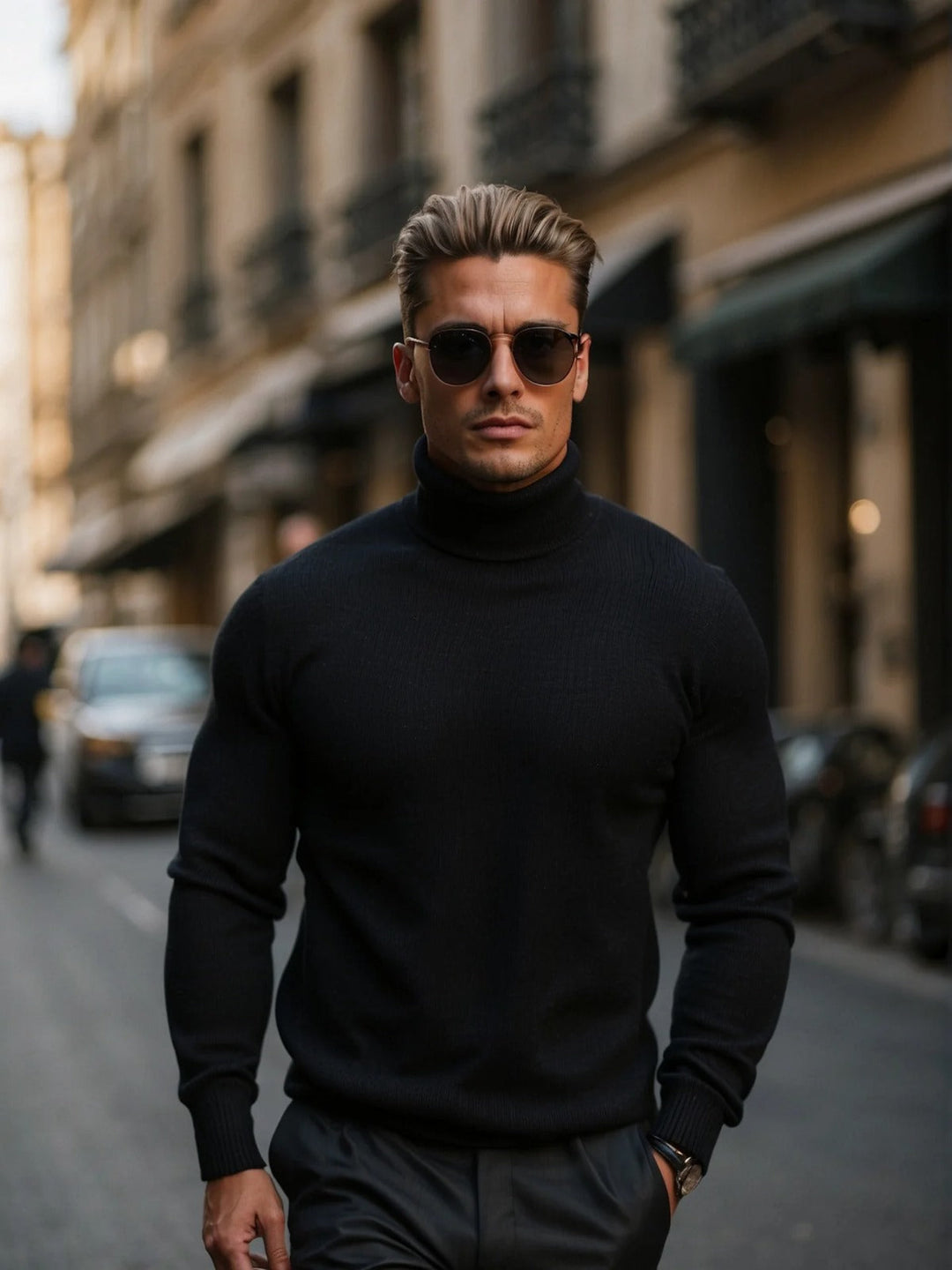 Casual yet elegant men's high-neck knitwear, a perfect wardrobe staple for versatile styling.