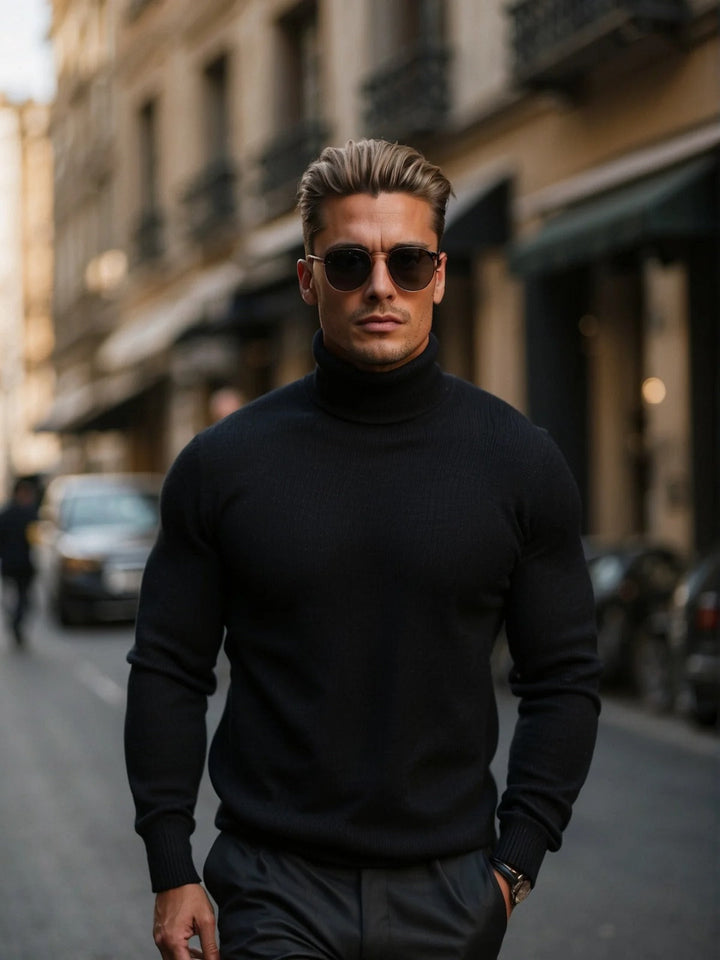 Casual yet elegant men's high-neck knitwear, a perfect wardrobe staple for versatile styling.