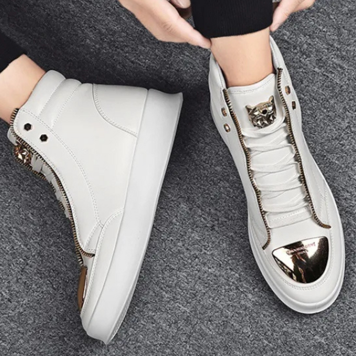 Red men's fashion high top sneakers; comfortable, versatile urban style footwear perfect for casual wear.