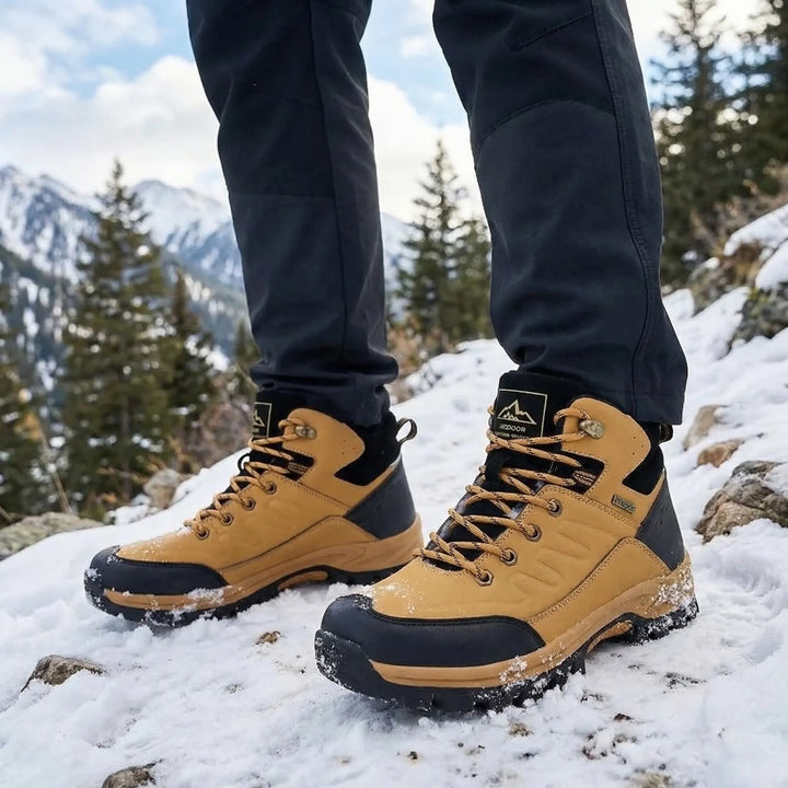 Men's high-top insulated winter hiking boots, rugged outdoor footwear for cold weather trekking.