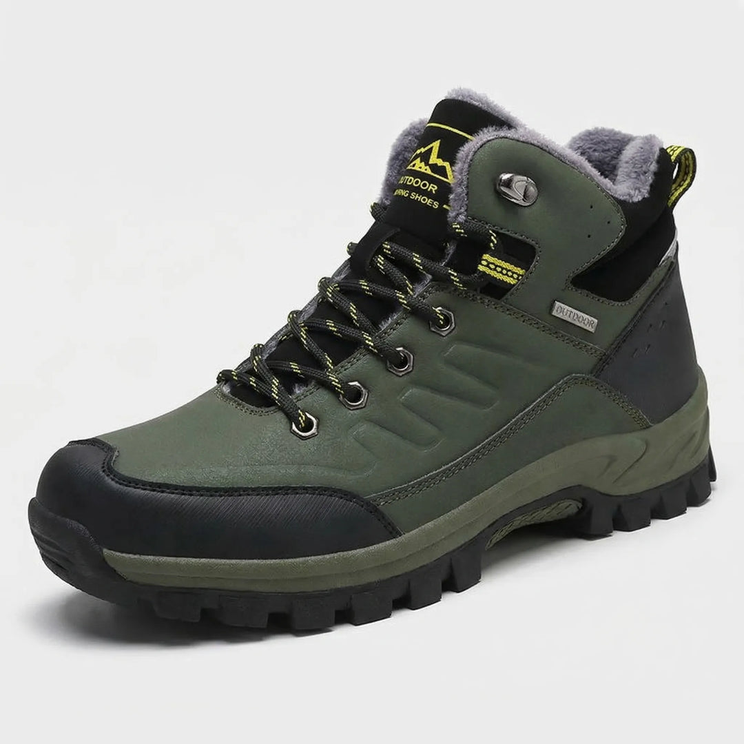 Stylish men's high-top lace-up insulated winter hiking boots, rugged outdoor footwear for men.