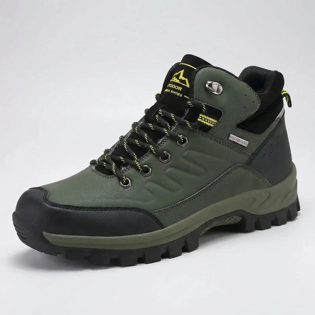 Lace-up men's high-top insulated winter hiking boots, durable and rugged for cold weather trekking.