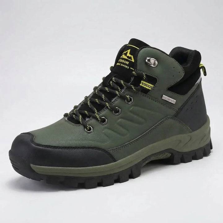 Lace-up men's high-top insulated winter hiking boots, durable and rugged for cold weather trekking.