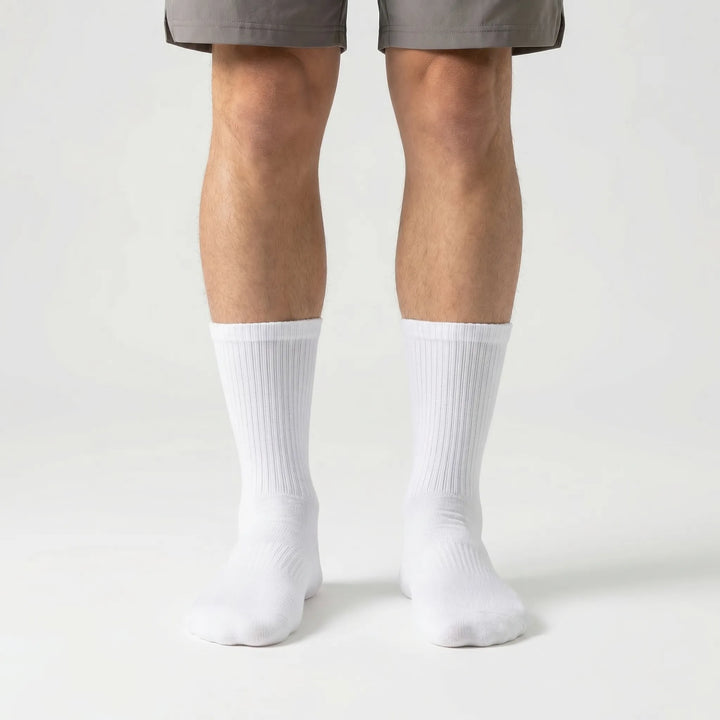 Activewear men's sports socks, high-tube design with moisture-wicking compression for athletes.