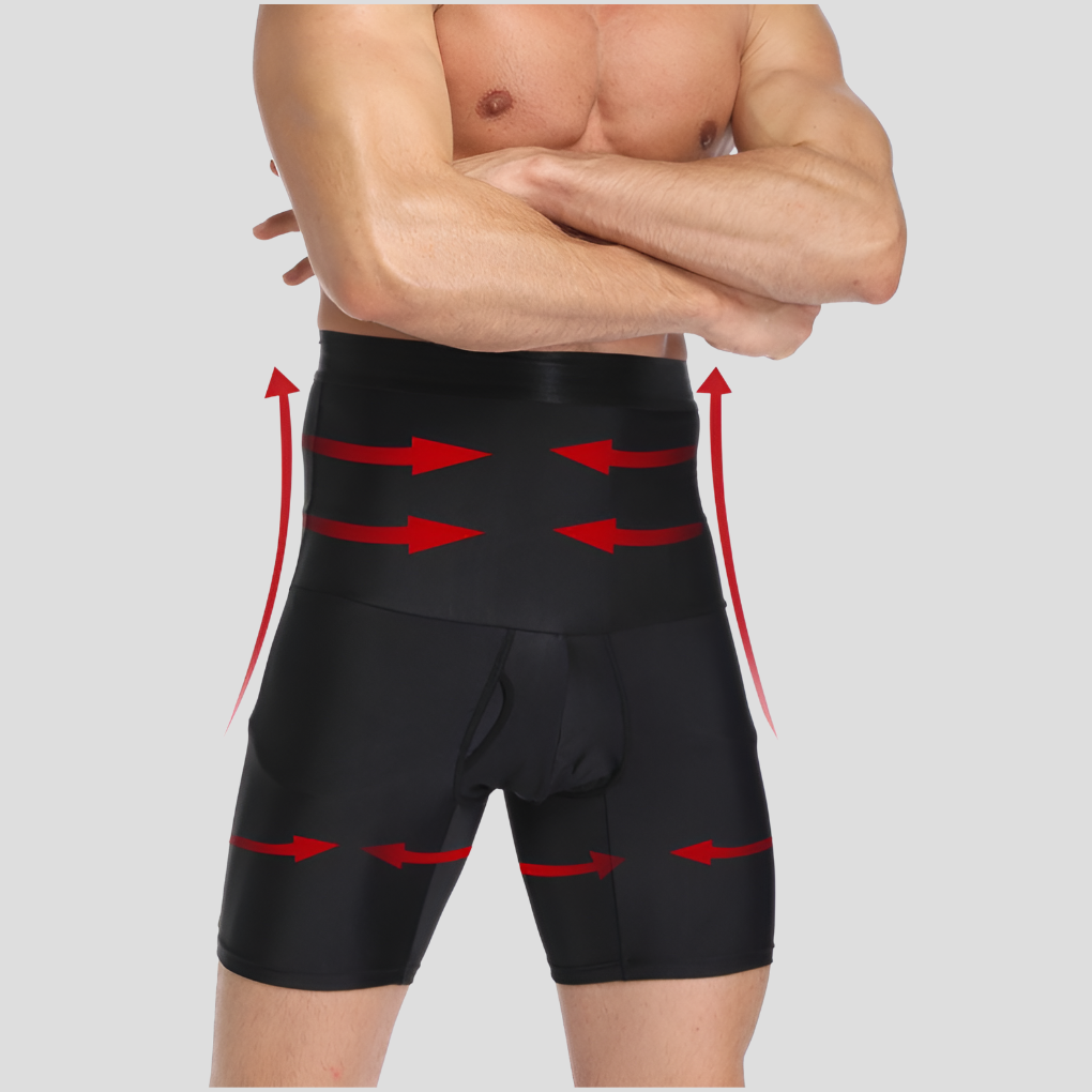 Supportive men's athletic compression shorts, high-waisted for core stability & tummy control during intense workouts.