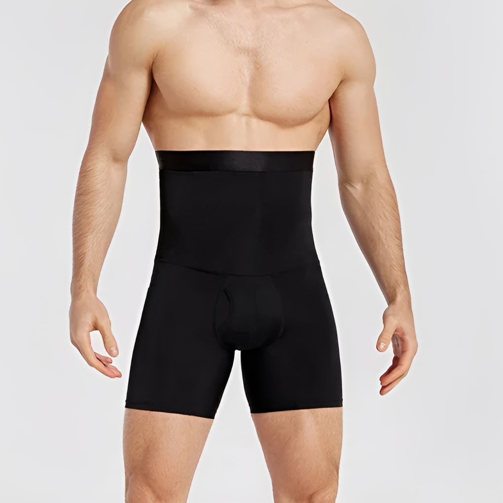 Men's performance high-waisted compression shorts for running, gym & training, providing tummy control & muscle support.