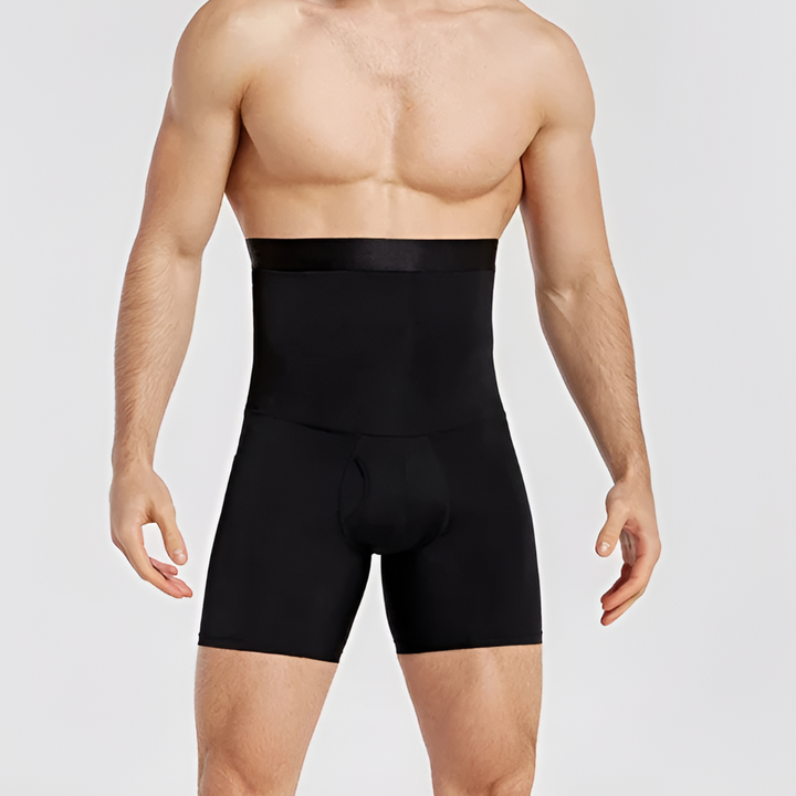 Men's performance high-waisted compression shorts for running, gym & training, providing tummy control & muscle support.