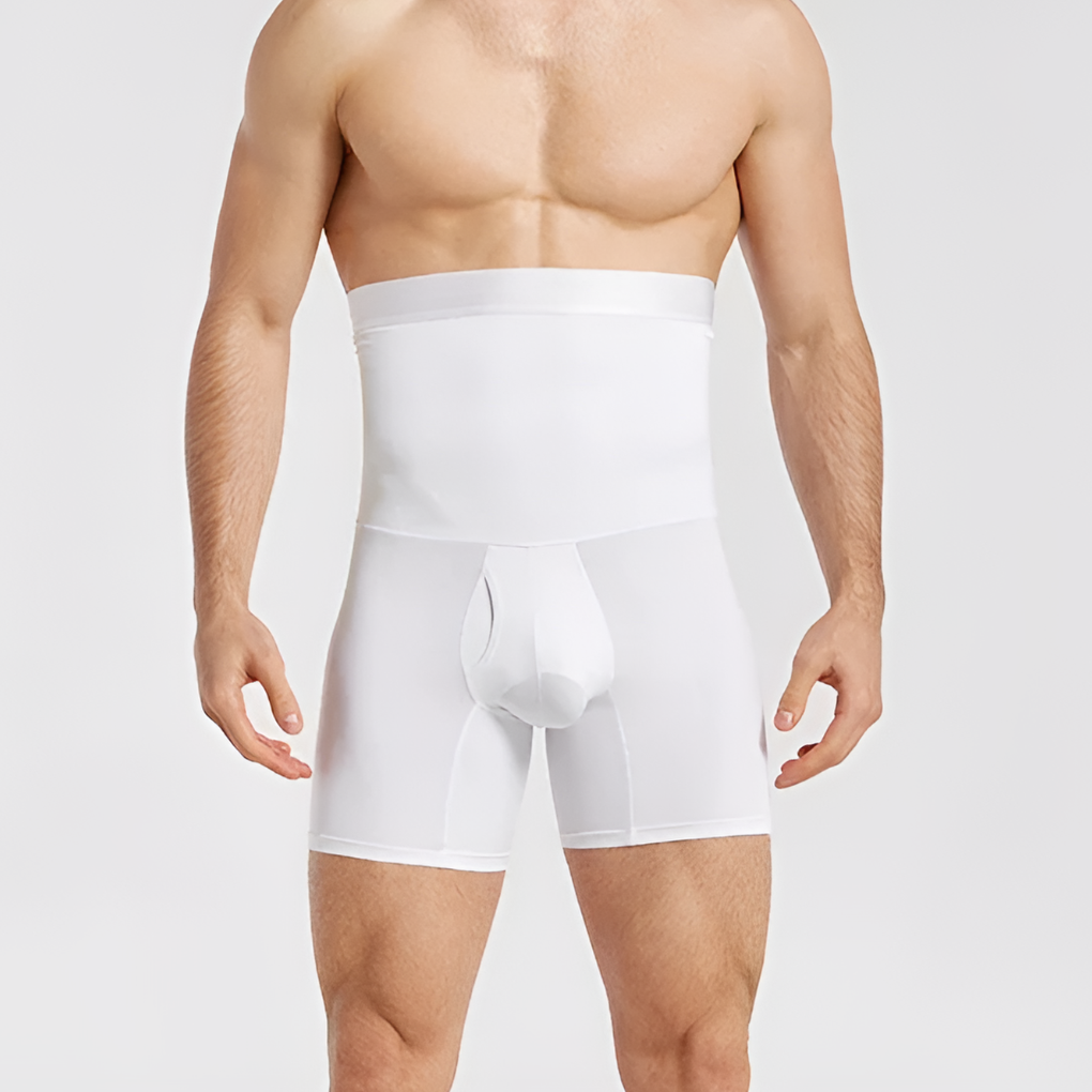 Black men's high-waisted compression shorts, close-up showing fabric detail, tummy control & ergonomic design for fitness.