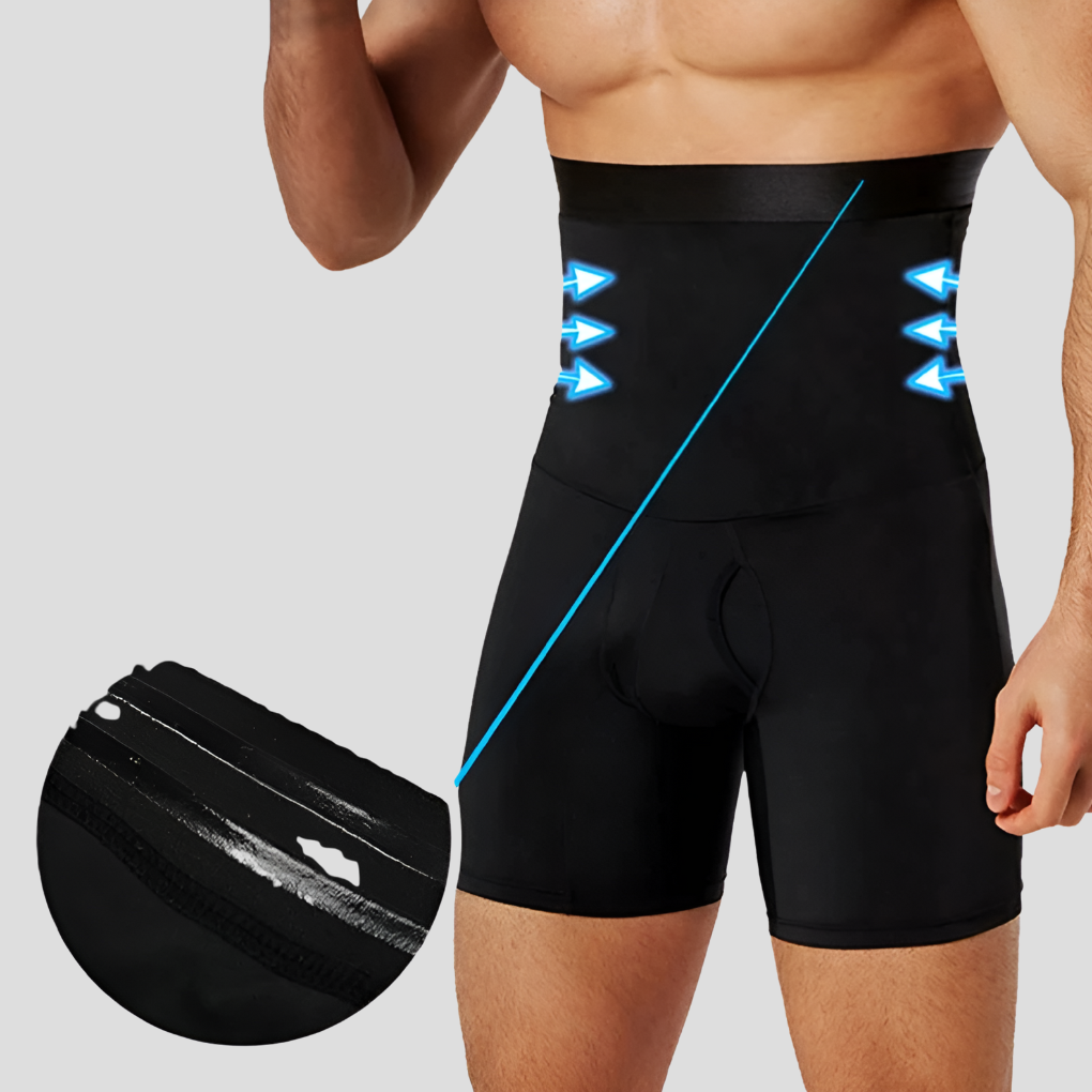 Man wearing high-waisted compression shorts, demonstrating tummy control & athletic fit for optimal gym & sports performance.