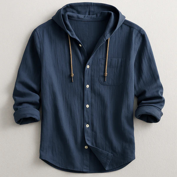 Men's hooded button-up shirt with chest pocket & drawstring hood. Relaxed fit for casual men's fashion.