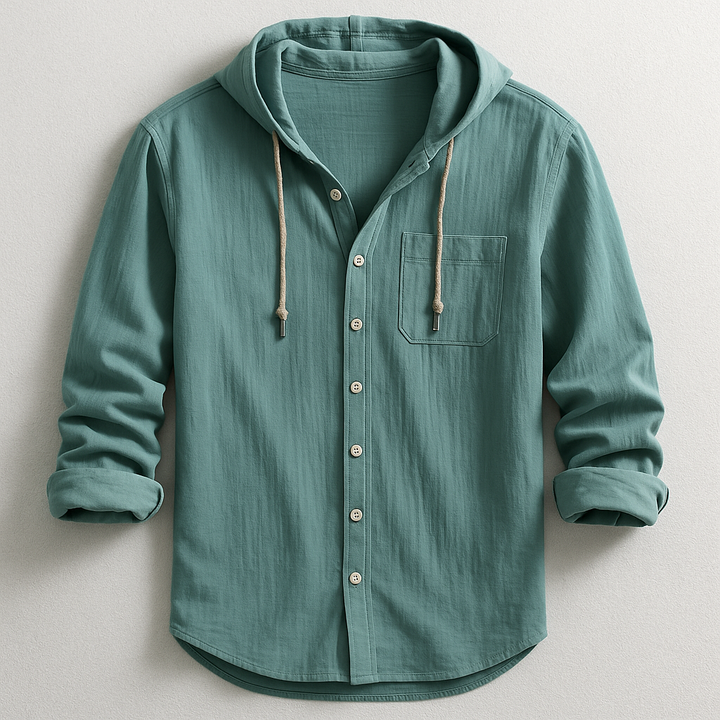 Versatile men's hooded button-up shirt, ideal for layering. Casual spring/fall menswear with a chest pocket.