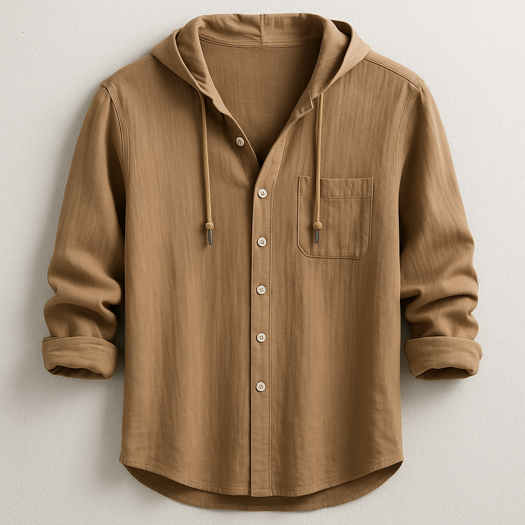 Comfortable men's casual hooded button-up shirt. Features a drawstring hood & chest pocket. Relaxed fit.