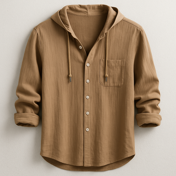 Comfortable men's casual hooded button-up shirt. Features a drawstring hood & chest pocket. Relaxed fit.