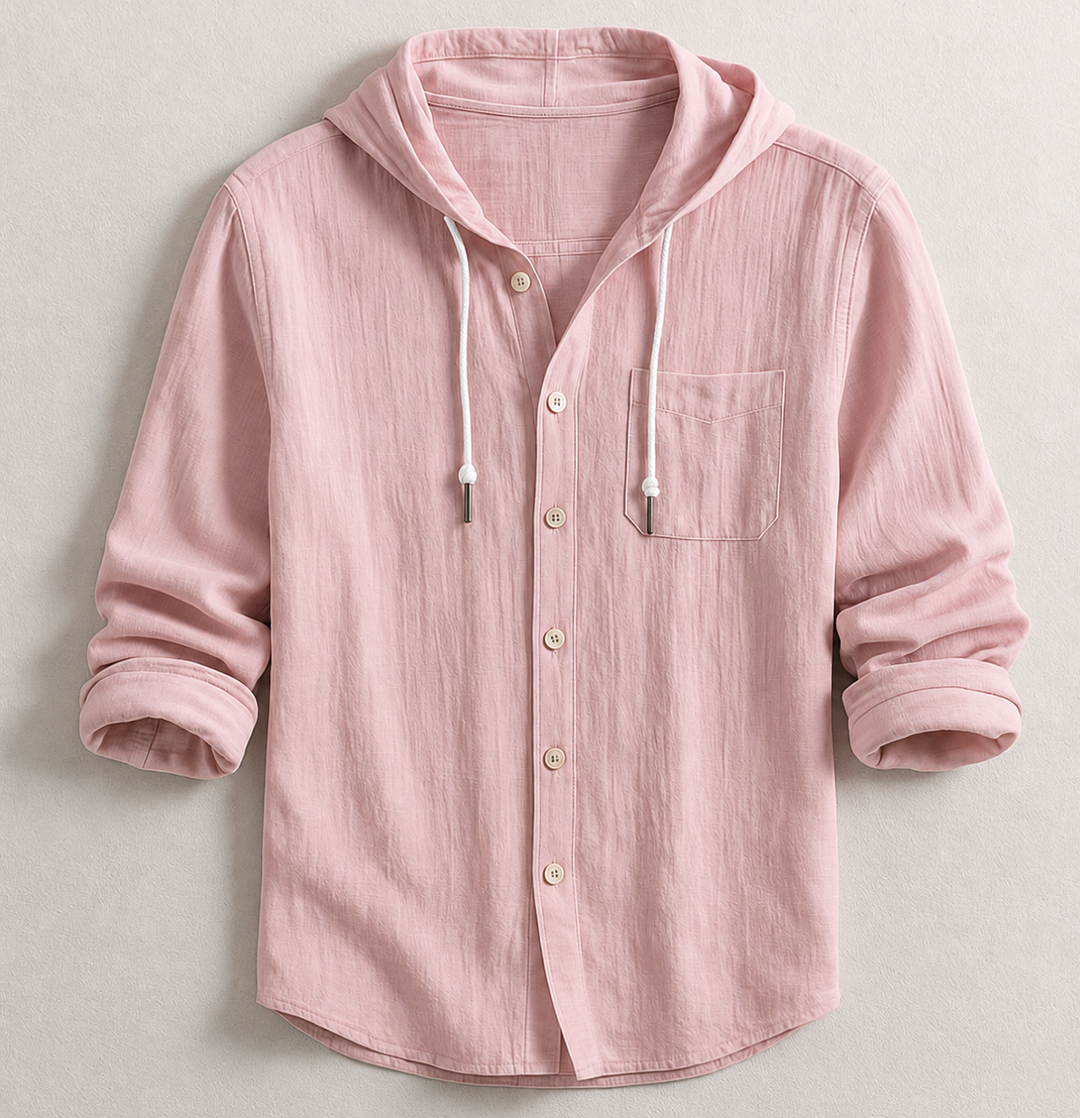 Stylish men's button-up hooded shirt with a chest pocket. Modern casual top for spring/fall men's fashion.