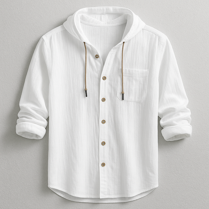 Men's button-up hooded shirt, relaxed fit, with drawstring hood & practical chest pocket. Casual versatile.